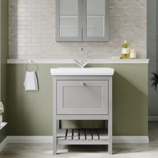 Old London Bexley 600mm Cool Grey 1 Drawer Floor Standing Vanity Unit With 1 Tap Hole Contemporary Fireclay Basin