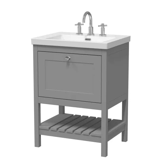 Old London Bexley 600mm Cool Grey 1 Drawer Floor Standing Vanity Unit With 3 Tap Holes Contemporary Fireclay Basin