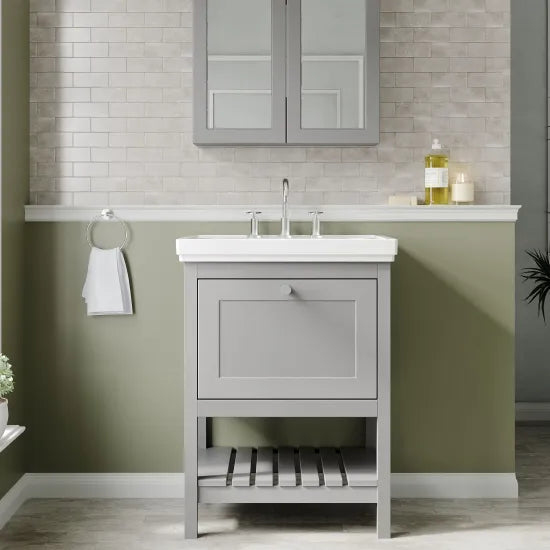 Old London Bexley 600mm Cool Grey 1 Drawer Floor Standing Vanity Unit With 3 Tap Holes Contemporary Fireclay Basin