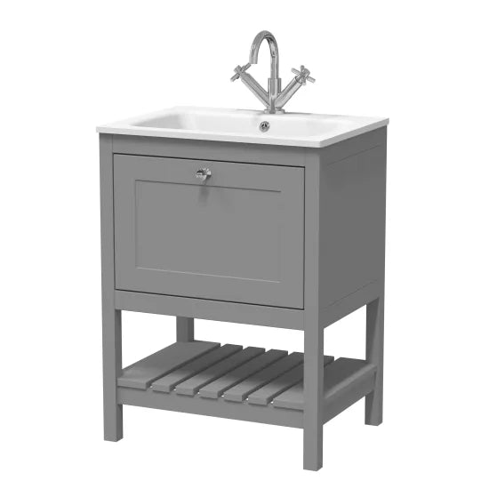 Old London Bexley 600mm Cool Grey 1 Drawer Floor Standing Vanity Unit With 1 Tap Hole White Stone Basin