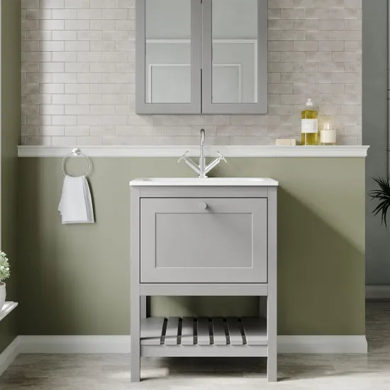 Old London Bexley 600mm Cool Grey 1 Drawer Floor Standing Vanity Unit With 1 Tap Hole White Stone Basin