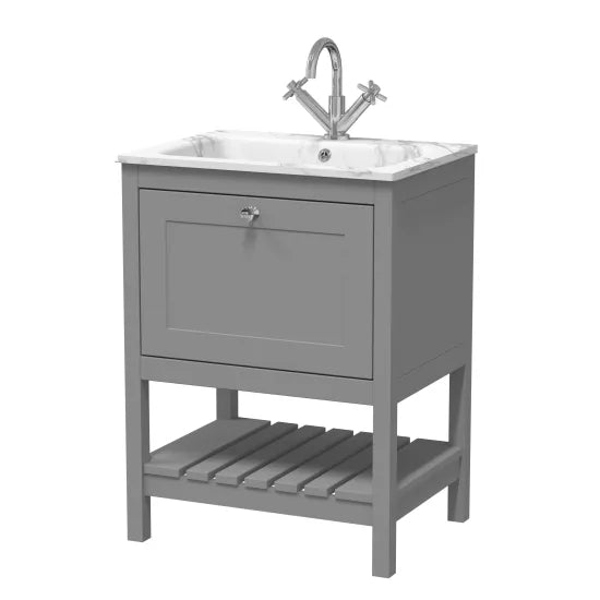Old London Bexley 600mm Cool Grey 1 Drawer Floor Standing Vanity Unit With 1 Tap Hole Carrerra Marble Stone Basin