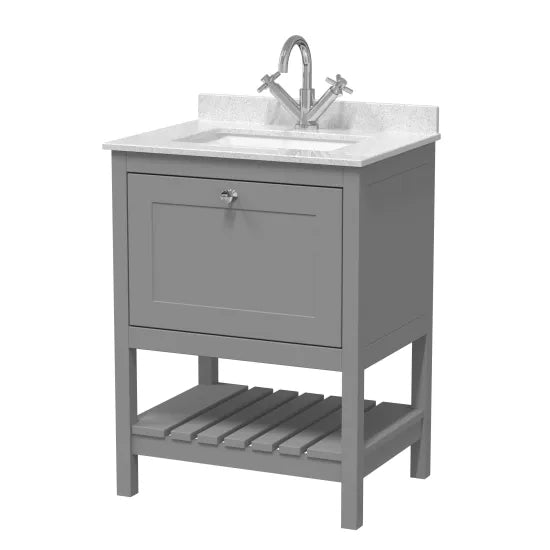 Old London Bexley 600mm Cool Grey 1 Drawer Floor Standing Vanity Unit With 1 Tap Hole Marble Worktop