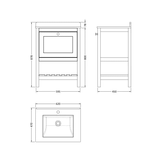 Old London Bexley 600mm Cool Grey 1 Drawer Floor Standing Vanity Unit With 1 Tap Hole Marble Worktop