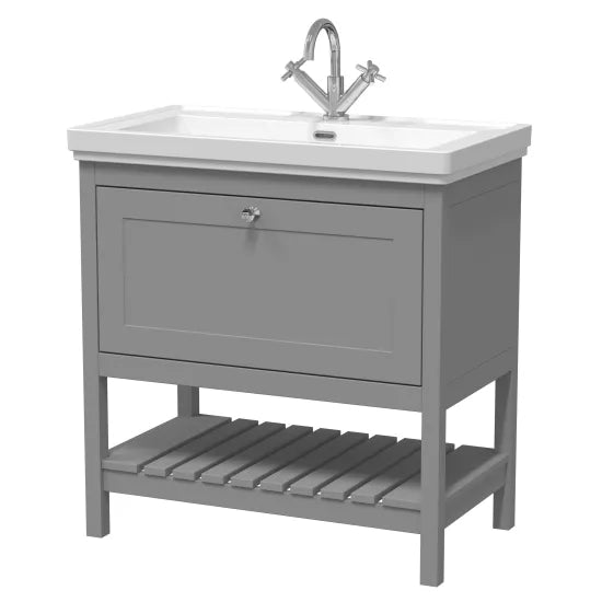 Old London Bexley 800mm Cool Grey 1 Drawer Floor Standing Vanity Unit With 1 Tap Hole Traditional Fireclay Basin