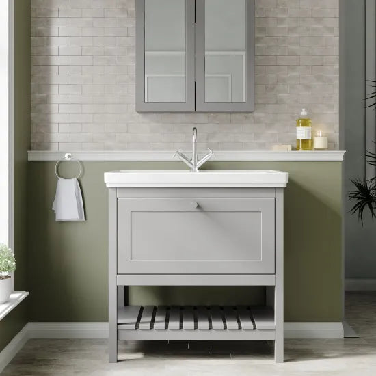 Old London Bexley 800mm Cool Grey 1 Drawer Floor Standing Vanity Unit With 1 Tap Hole Traditional Fireclay Basin