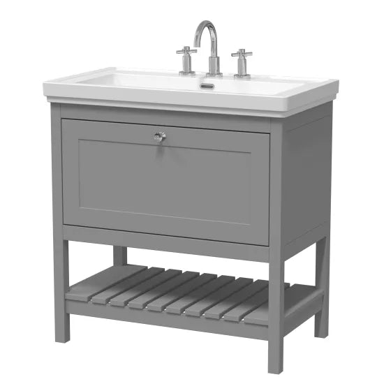 Old London Bexley 800mm Cool Grey 1 Drawer Floor Standing Vanity Unit With 3 Tap Holes Traditional Fireclay Basin