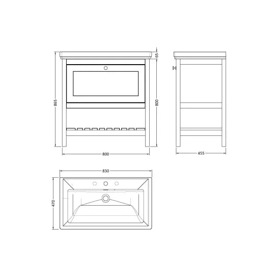 Old London Bexley 800mm Cool Grey 1 Drawer Floor Standing Vanity Unit With 3 Tap Holes Traditional Fireclay Basin