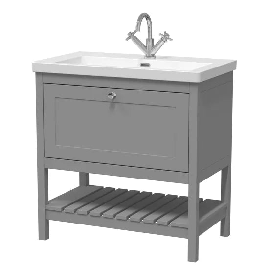 Old London Bexley 800mm Cool Grey 1 Drawer Floor Standing Vanity Unit With 1 Tap Hole Contemporary Fireclay Basin