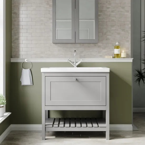 Old London Bexley 800mm Cool Grey 1 Drawer Floor Standing Vanity Unit With 1 Tap Hole Contemporary Fireclay Basin