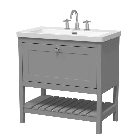 Old London Bexley 800mm Cool Grey 1 Drawer Floor Standing Vanity Unit With 3 Tap Holes Contemporary Fireclay Basin