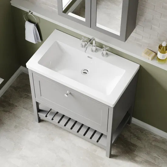 Old London Bexley 800mm Cool Grey 1 Drawer Floor Standing Vanity Unit With 3 Tap Holes Contemporary Fireclay Basin