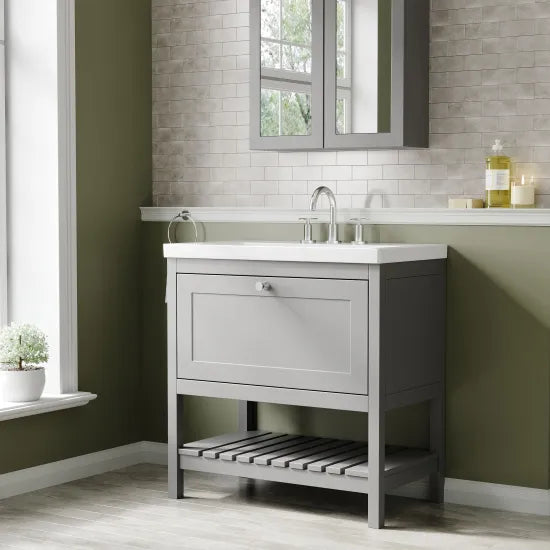 Old London Bexley 800mm Cool Grey 1 Drawer Floor Standing Vanity Unit With 3 Tap Holes Contemporary Fireclay Basin