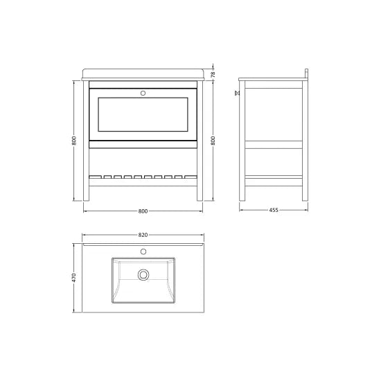 Old London Bexley 800mm Cool Grey 1 Drawer Floor Standing Vanity Unit With 1 Tap Hole Marble Worktop