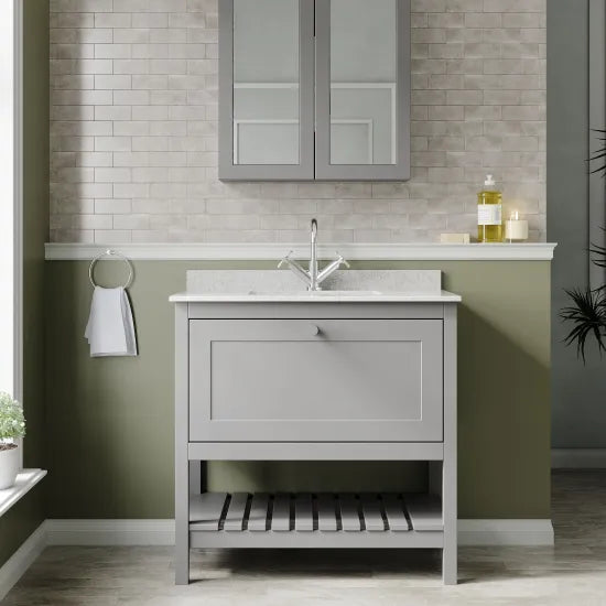 Old London Bexley 800mm Cool Grey 1 Drawer Floor Standing Vanity Unit With 1 Tap Hole Marble Worktop