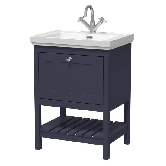 Old London Bexley 600mm Indigo Blue 1 Drawer Floor Standing Vanity Unit With 1 Tap Hole Traditional Fireclay Basin