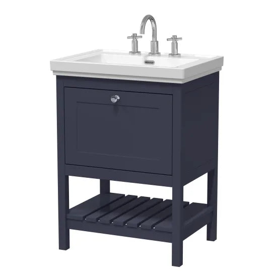 Old London Bexley 600mm Indigo Blue 1 Drawer Floor Standing Vanity Unit With 3 Tap Holes Traditional Fireclay Basin