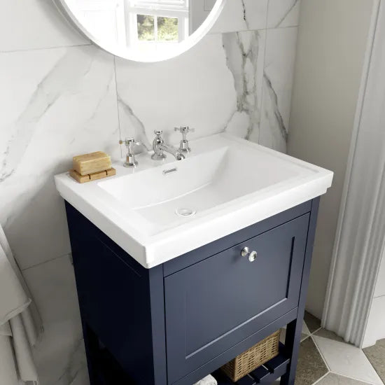 Old London Bexley 600mm Indigo Blue 1 Drawer Floor Standing Vanity Unit With 3 Tap Holes Traditional Fireclay Basin
