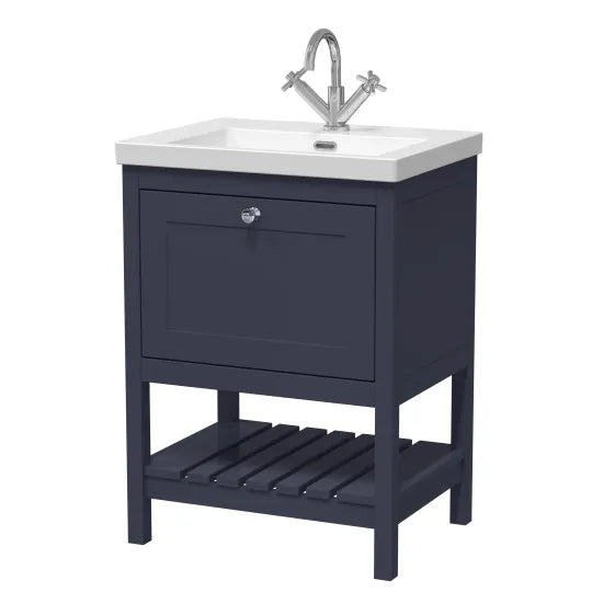 Old London Bexley 600mm Indigo Blue 1 Drawer Floor Standing Vanity Unit With 1 Tap Hole Contemporary Fireclay Basin