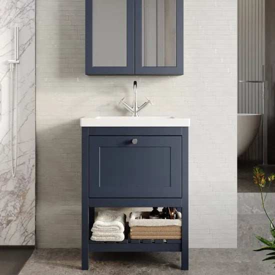 Old London Bexley 600mm Indigo Blue 1 Drawer Floor Standing Vanity Unit With 1 Tap Hole Contemporary Fireclay Basin