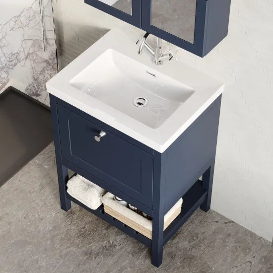 Old London Bexley 600mm Indigo Blue 1 Drawer Floor Standing Vanity Unit With 1 Tap Hole Contemporary Fireclay Basin