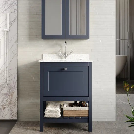 Old London Bexley 600mm Indigo Blue 1 Drawer Floor Standing Vanity Unit With 1 Tap Hole Marble Worktop