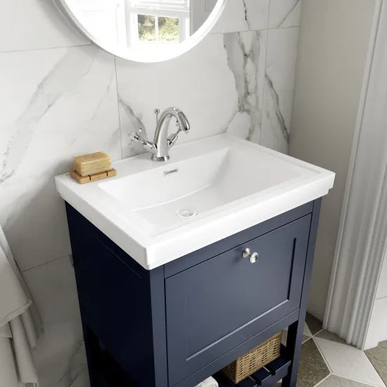 Old London Bexley 800mm Indigo Blue 1 Drawer Floor Standing Vanity Unit With 1 Tap Hole Traditional Fireclay Basin