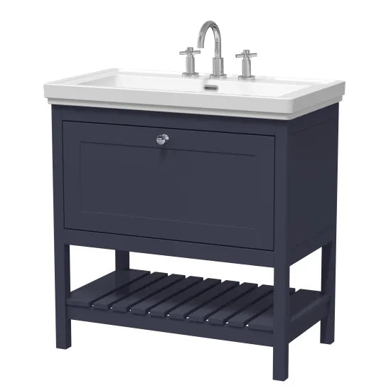 Old London Bexley 800mm Indigo Blue 1 Drawer Floor Standing Vanity Unit With 3 Tap Holes Traditional Fireclay Basin