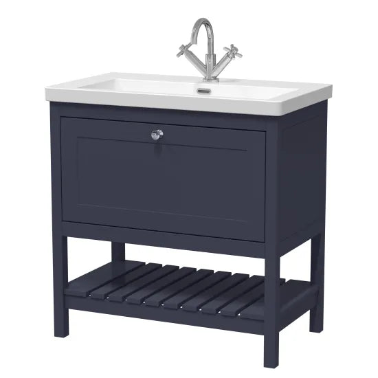 Old London Bexley 800mm Indigo Blue 1 Drawer Floor Standing Vanity Unit With 1 Tap Hole Contemporary Fireclay Basin