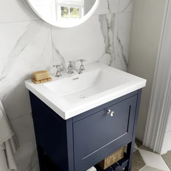 Old London Bexley 800mm Indigo Blue 1 Drawer Floor Standing Vanity Unit With 3 Tap Holes Contemporary Fireclay Basin