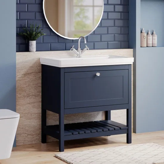 Old London Bexley 800mm Indigo Blue 1 Drawer Floor Standing Vanity Unit