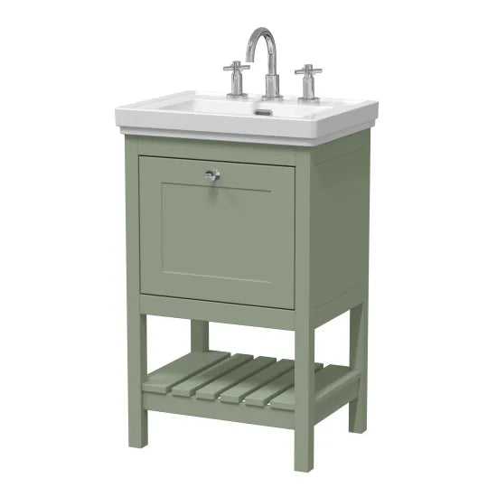 Old London Bexley 500mm Fern Green 1 Drawer Floor Standing Vanity Unit With 3 Tap Holes Basin