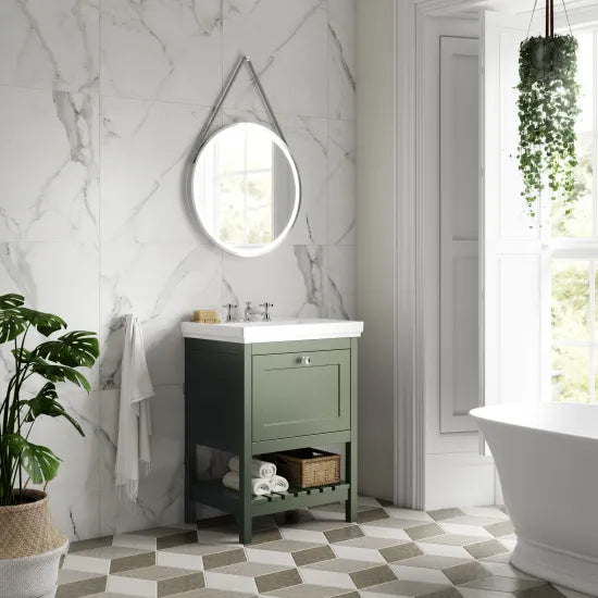 Old London Bexley 500mm Fern Green 1 Drawer Floor Standing Vanity Unit With 3 Tap Holes Basin