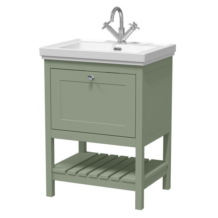 Old London Bexley 600mm Fern Green 1 Drawer Floor Standing Vanity Unit Traditional Fireclay Basin
