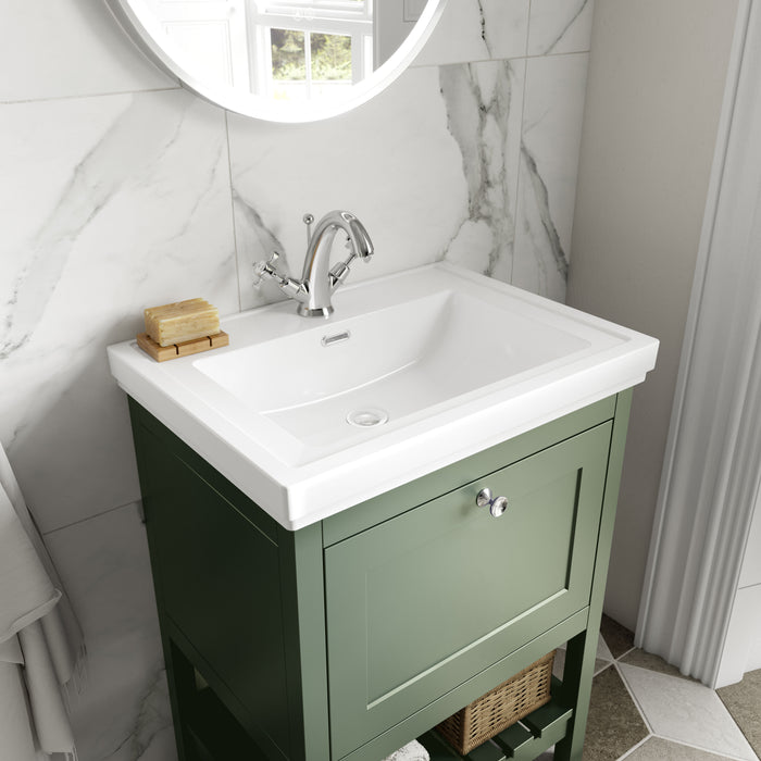 Old London Bexley 600mm Fern Green 1 Drawer Floor Standing Vanity Unit Traditional Fireclay Basin