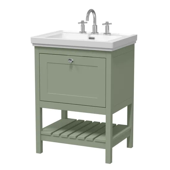 Old London Bexley 600mm Fern Green 1 Drawer Floor Standing Vanity Unit Traditional Fireclay Basin