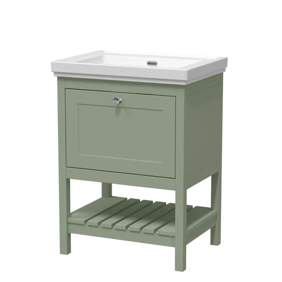 Old London Bexley 600mm Fern Green 1 Drawer Floor Standing Vanity Unit With Basin