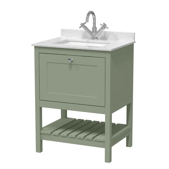 Old London Bexley 600mm Fern Green 1 Drawer Floor Standing Vanity Unit With 1 Tap Hole Marble Worktop