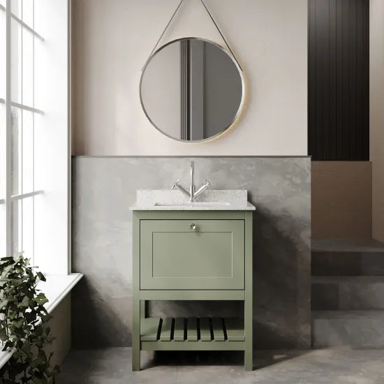 Old London Bexley 600mm Fern Green 1 Drawer Floor Standing Vanity Unit With 1 Tap Hole Marble Worktop