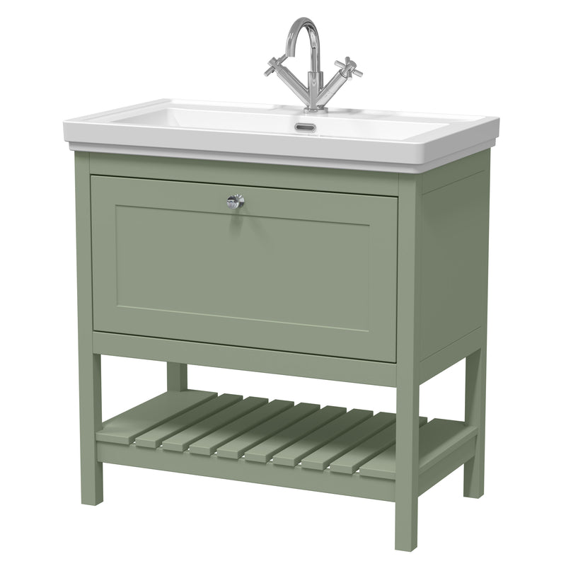 Old London Bexley 800mm Fern Green 1 Drawer Floor Standing Vanity Unit With 1 Tap Hole Traditional Fireclay Basin