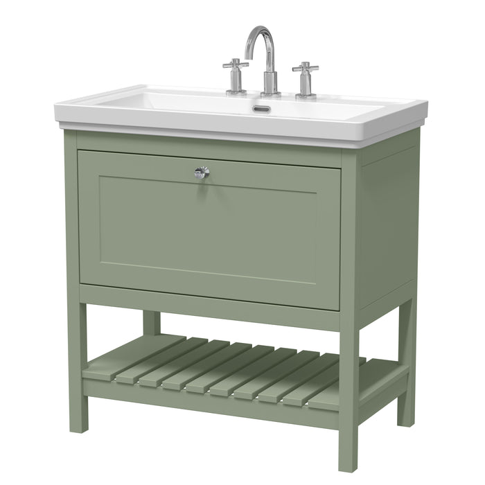 Old London Bexley 800mm Fern Green 1 Drawer Floor Standing Vanity Unit With 3 Tap Holes Traditional Fireclay Basin