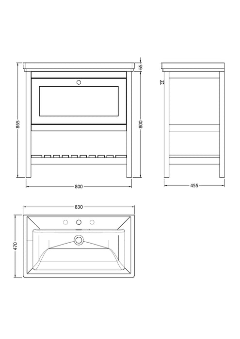 Old London Bexley 800mm Fern Green 1 Drawer Floor Standing Vanity Unit With 3 Tap Holes Traditional Fireclay Basin