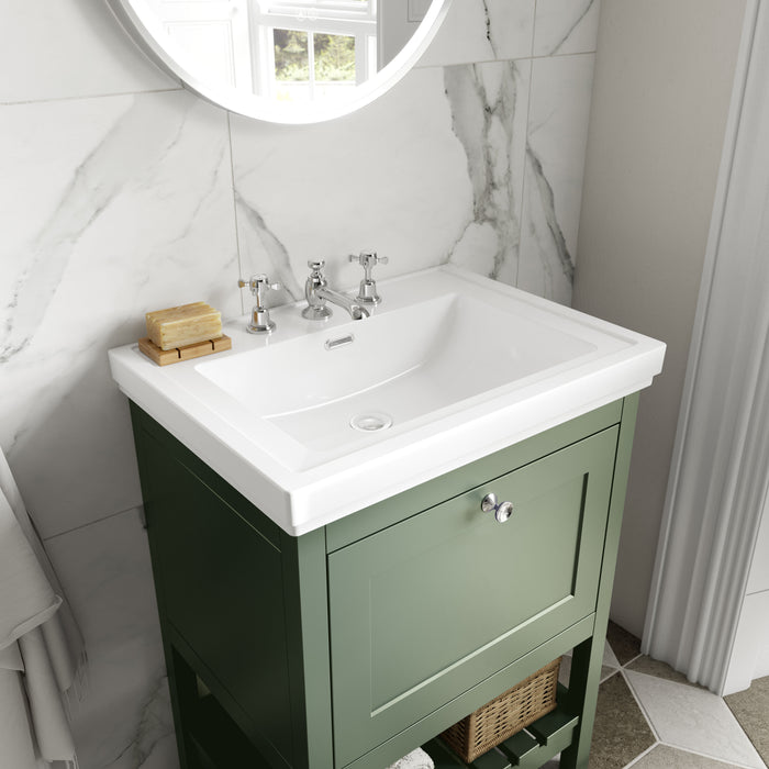 Old London Bexley 800mm Fern Green 1 Drawer Floor Standing Vanity Unit With 3 Tap Holes Traditional Fireclay Basin