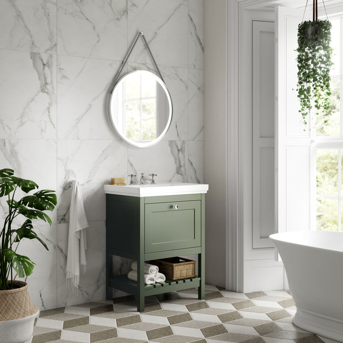 Old London Bexley 800mm Fern Green 1 Drawer Floor Standing Vanity Unit With 3 Tap Holes Traditional Fireclay Basin