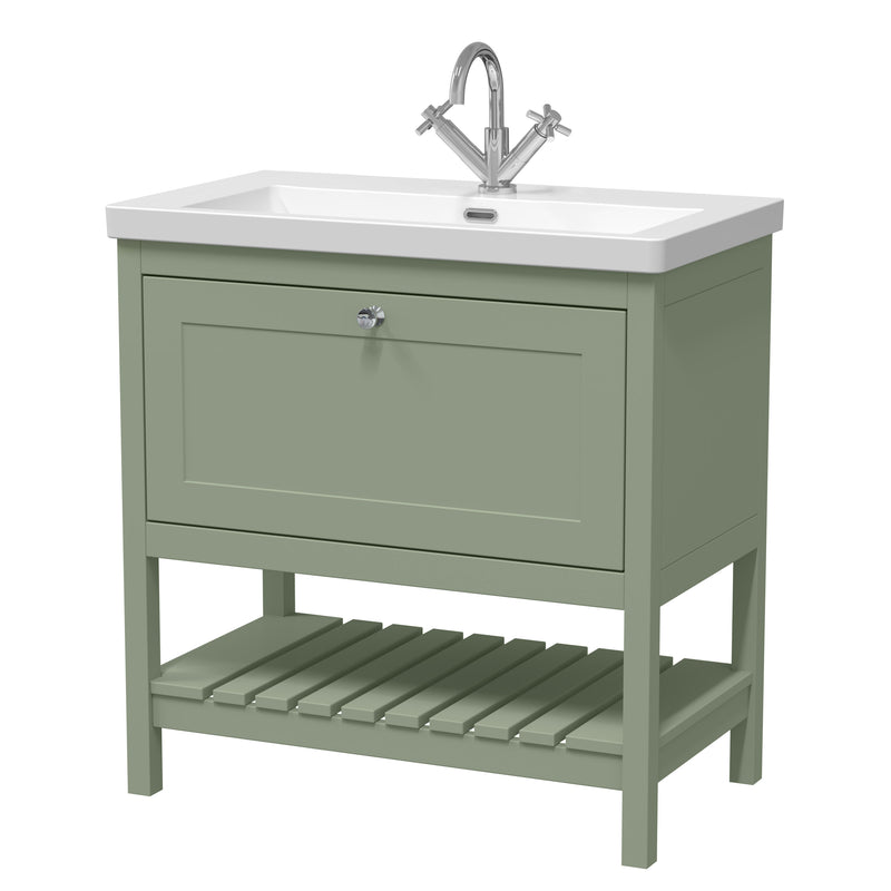 Old London Bexley 800mm Fern Green 1 Drawer Floor Standing Vanity Unit  Contemporary Fireclay Basin
