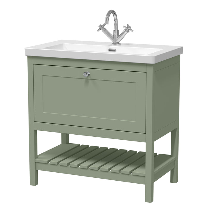 Old London Bexley 800mm Fern Green 1 Drawer Floor Standing Vanity Unit  Contemporary Fireclay Basin