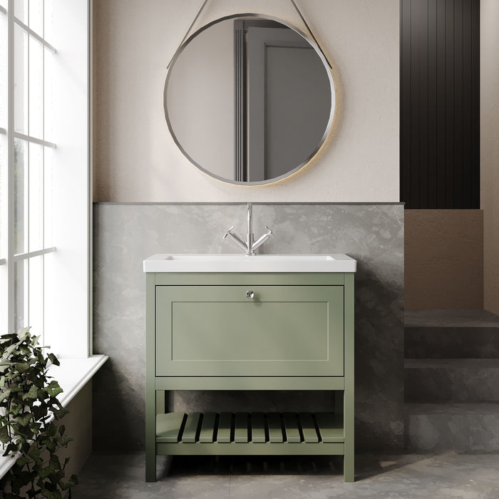 Old London Bexley 800mm Fern Green 1 Drawer Floor Standing Vanity Unit  Contemporary Fireclay Basin