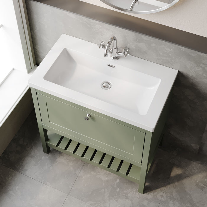 Old London Bexley 800mm Fern Green 1 Drawer Floor Standing Vanity Unit  Contemporary Fireclay Basin