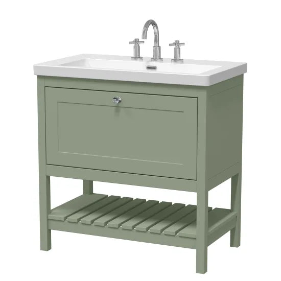 Old London Bexley 800mm Fern Green 1 Drawer Floor Standing Vanity Unit  Contemporary Fireclay Basin