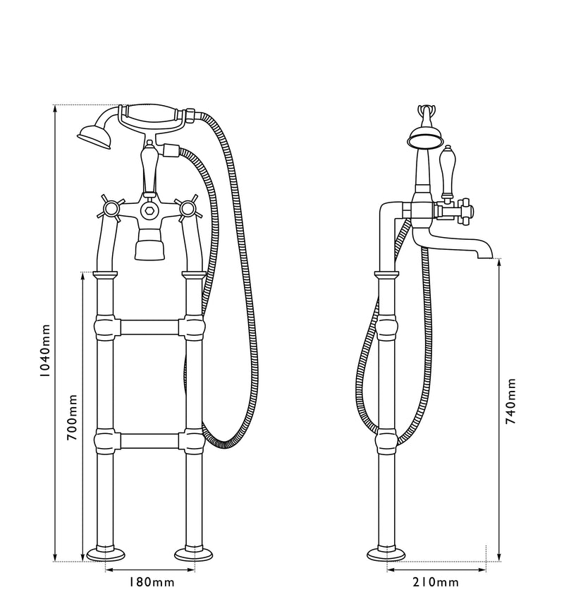 Hurlingham Freestanding Bath Spout & Shower Mixer Taps Without Support Leg - 910x180mm